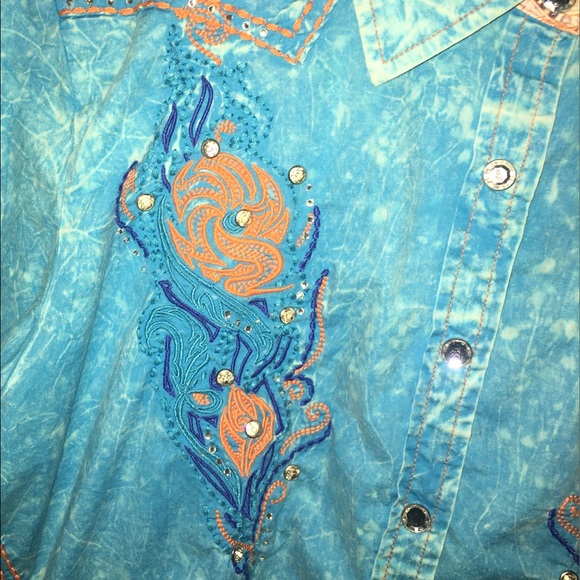 ROAR Embellished Blue & Orange Western Shirt Large - Picture 3 of 16